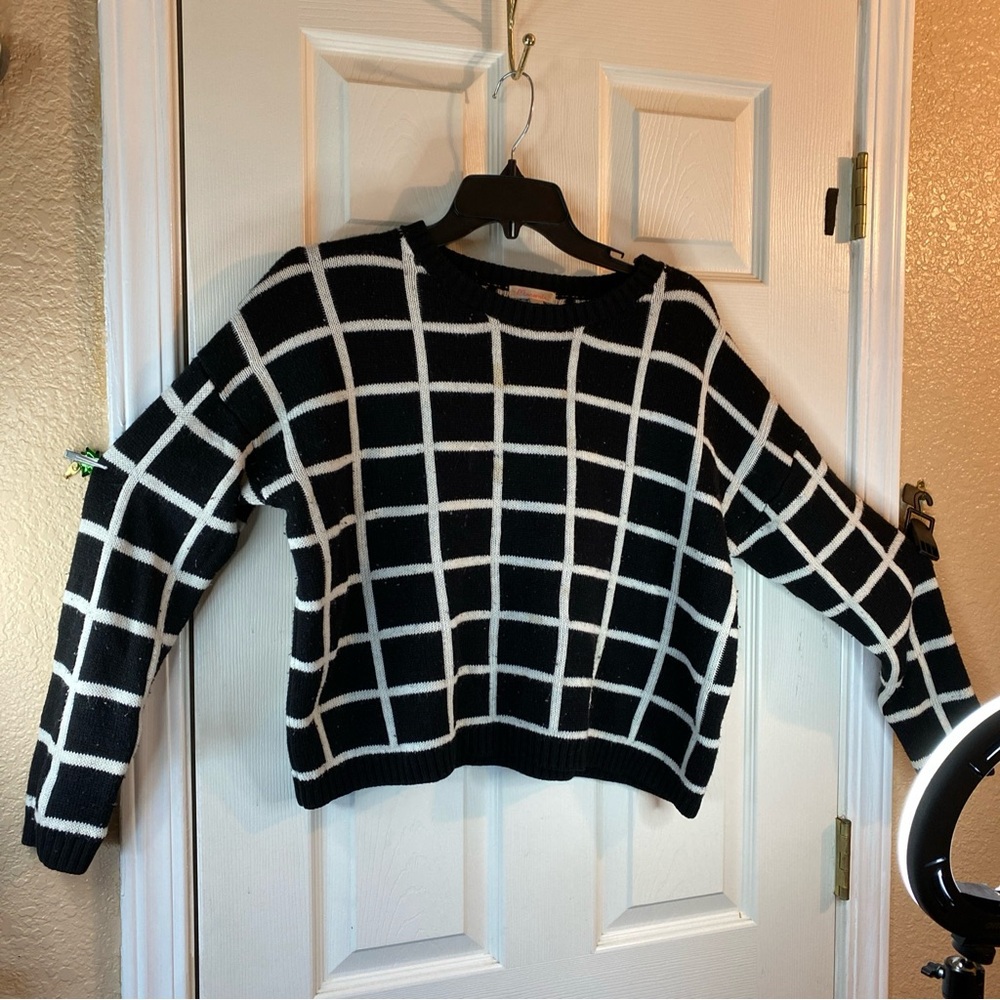 Mavenie Women S Knit Fun Ugly Sweater Reversible Crop Checks Pullover Oversized